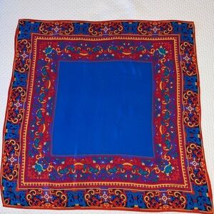 Vintage Liz Claiborne silk scarf, large square, vibrant jewel tones, blue/red